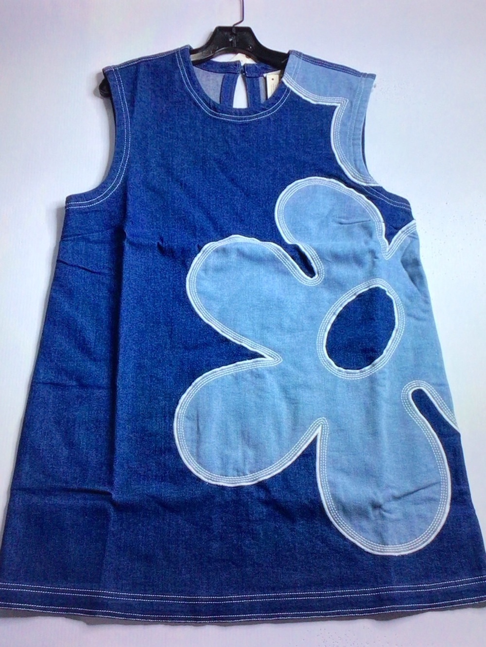 Pilcro Two-Tone Blue Denim Tank Dress with Flower Applique